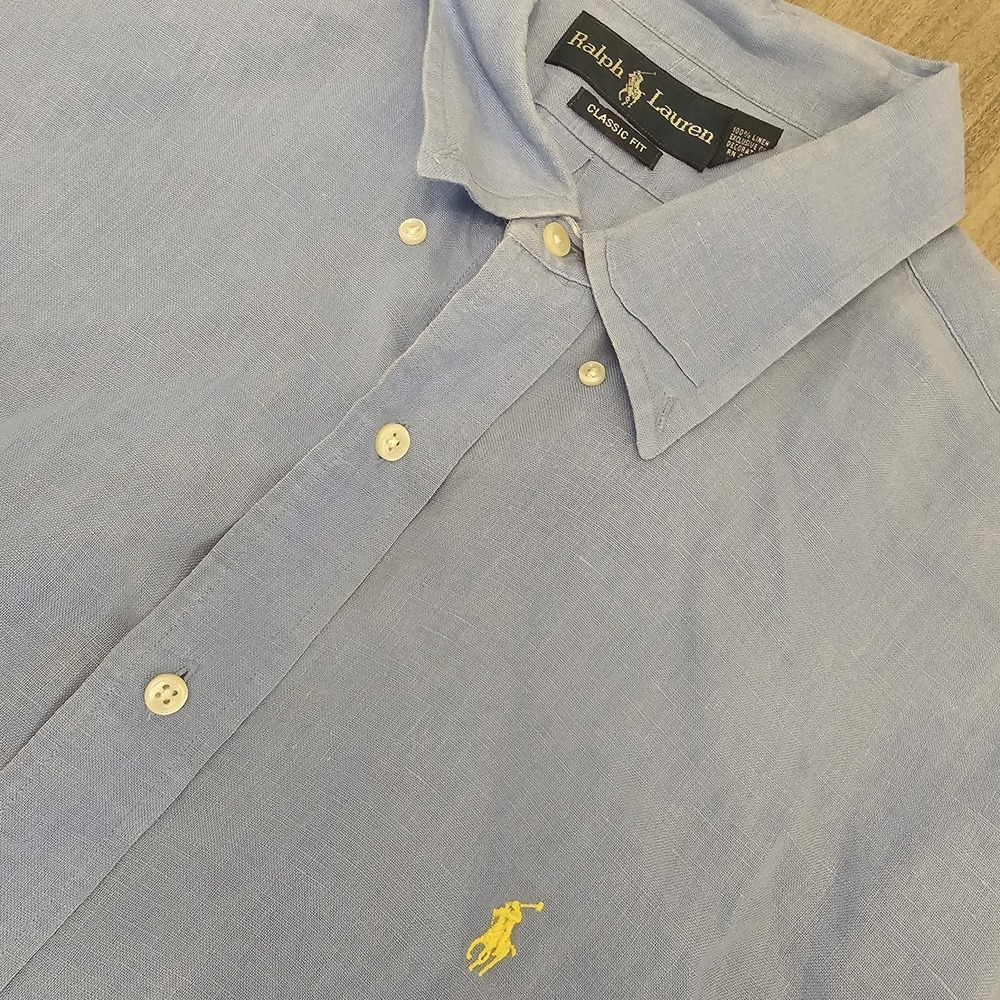 Ralph‎ Lauren Linen Shirt Mens 2XL Custom Fit Blue Short Sleeve Button-Down Pony
